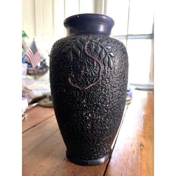 Vintage Textured Japanese Tokonabe Black Vase Bird and Flowers - Picture 3 of 6